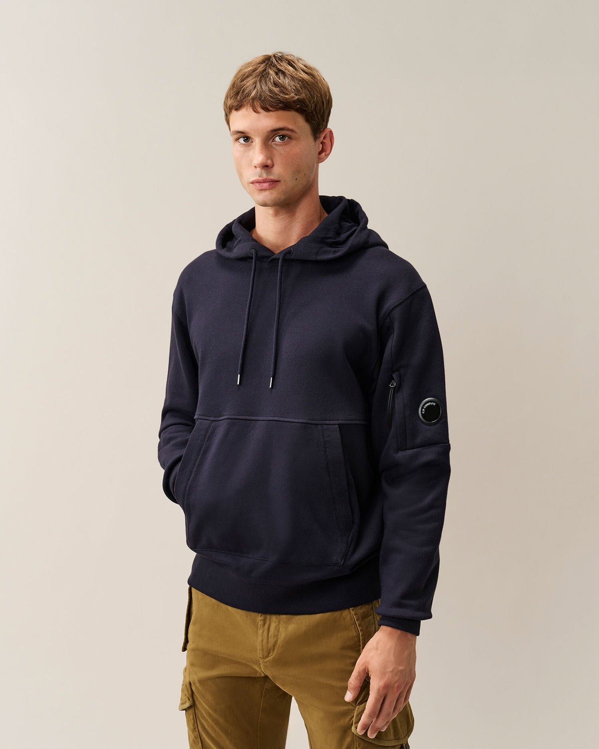 C.P. Company Diagonal Raised Fleece Lens Hoodie in Navy