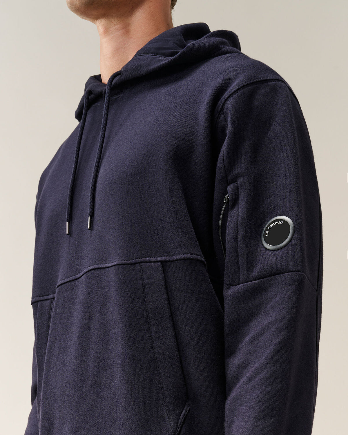 C.P. Company Diagonal Raised Fleece Lens Hoodie in Navy