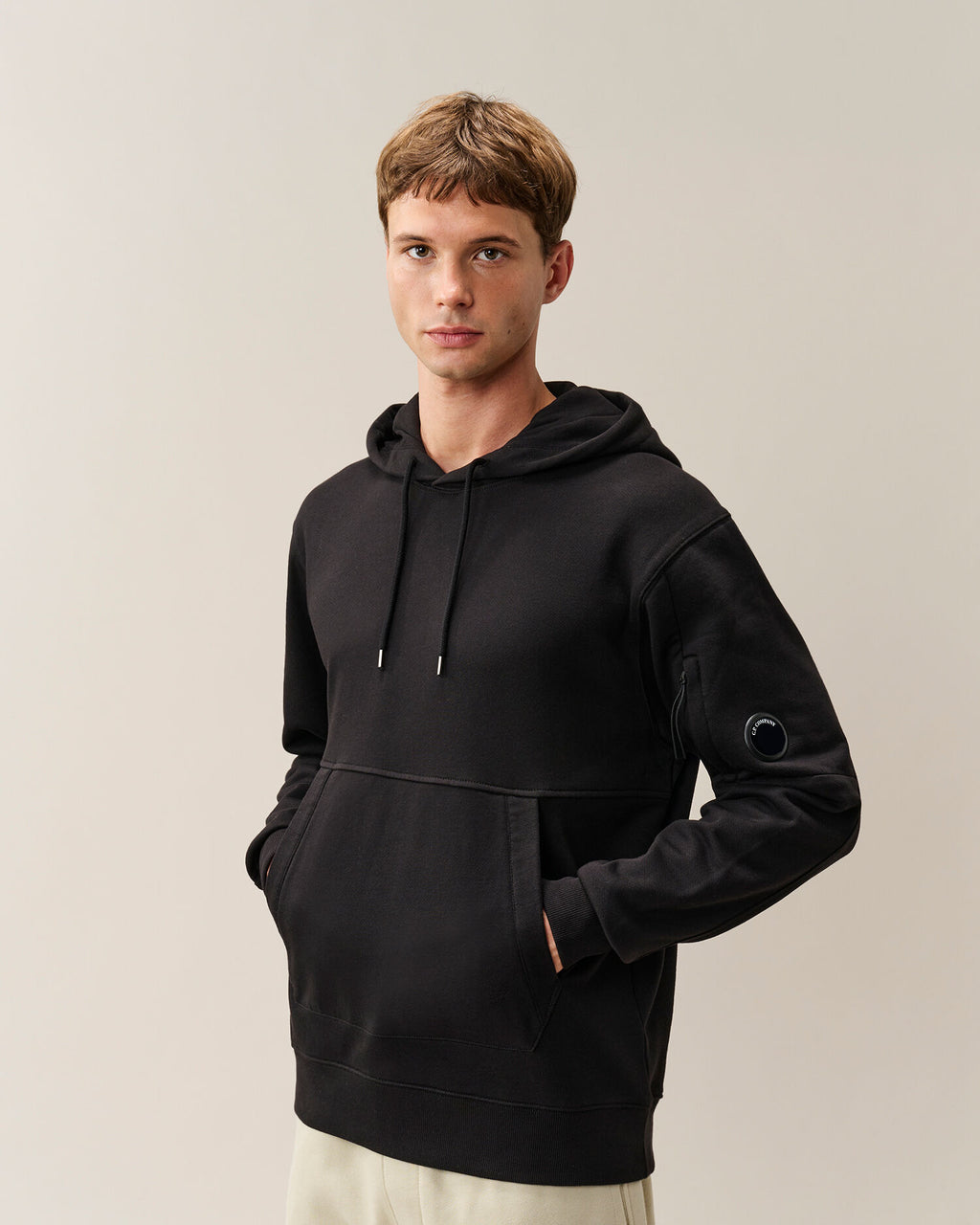 C.P. Company Diagonal Raised Fleece Lens Hoodie in Black