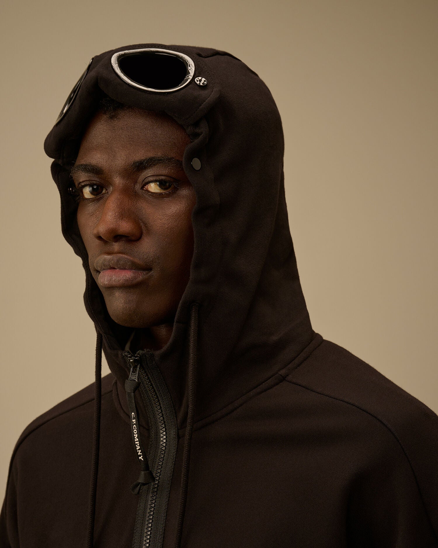 C.P. Company Diagonal Raised Fleece Goggle Hoodie in Black