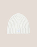 C.P. Company Extra Fine Merino Wool Logo Beanie in Gauze White