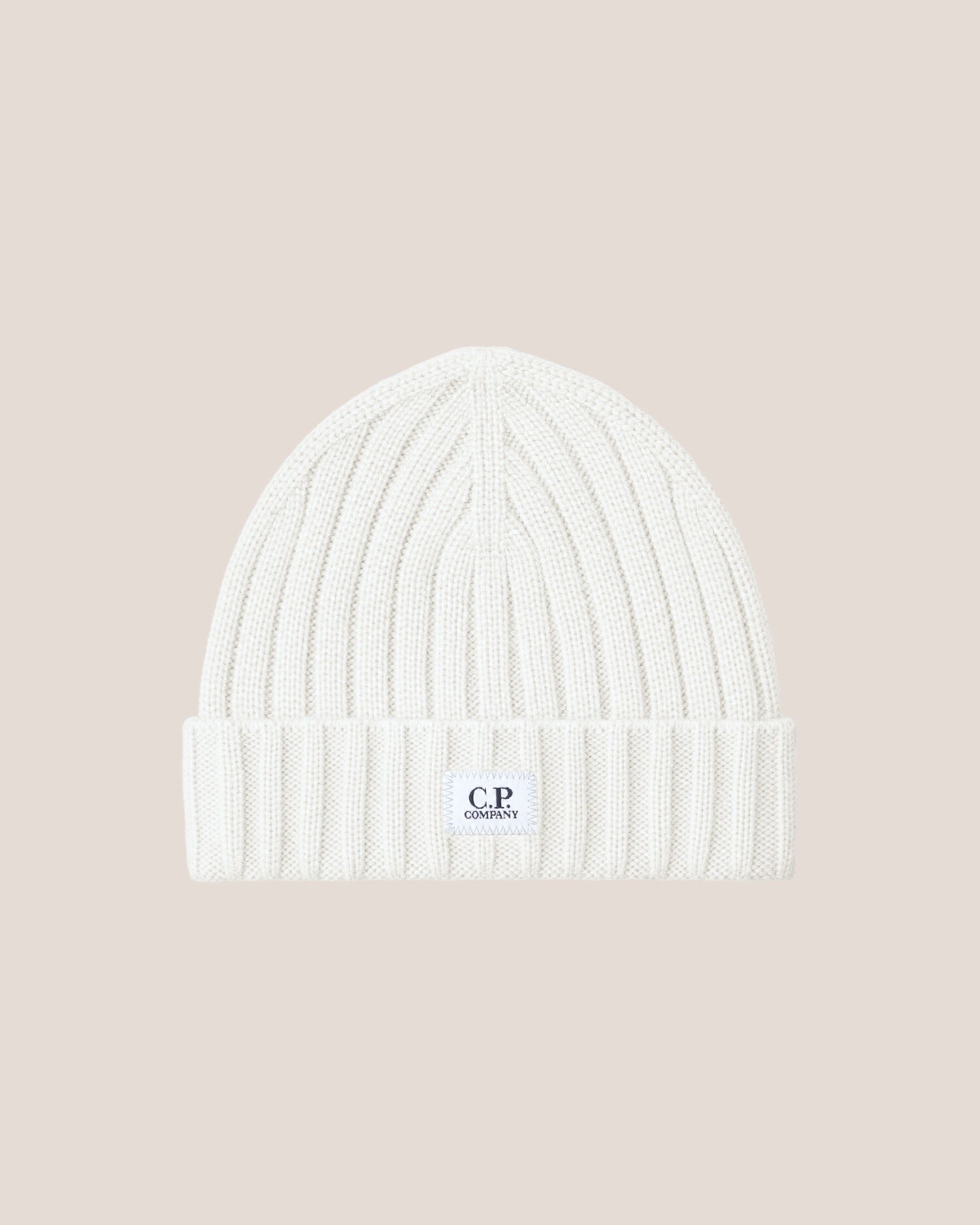 C.P. Company Extra Fine Merino Wool Logo Beanie in Gauze White