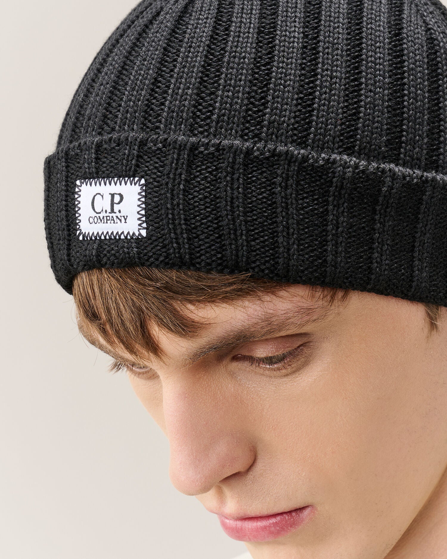 C.P. Company Extra Fine Merino Wool Logo Beanie in Black
