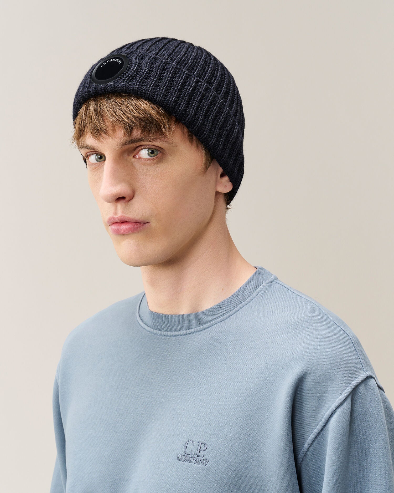 C.P. Company Extra Fine Merino Wool Lens Beanie in Navy