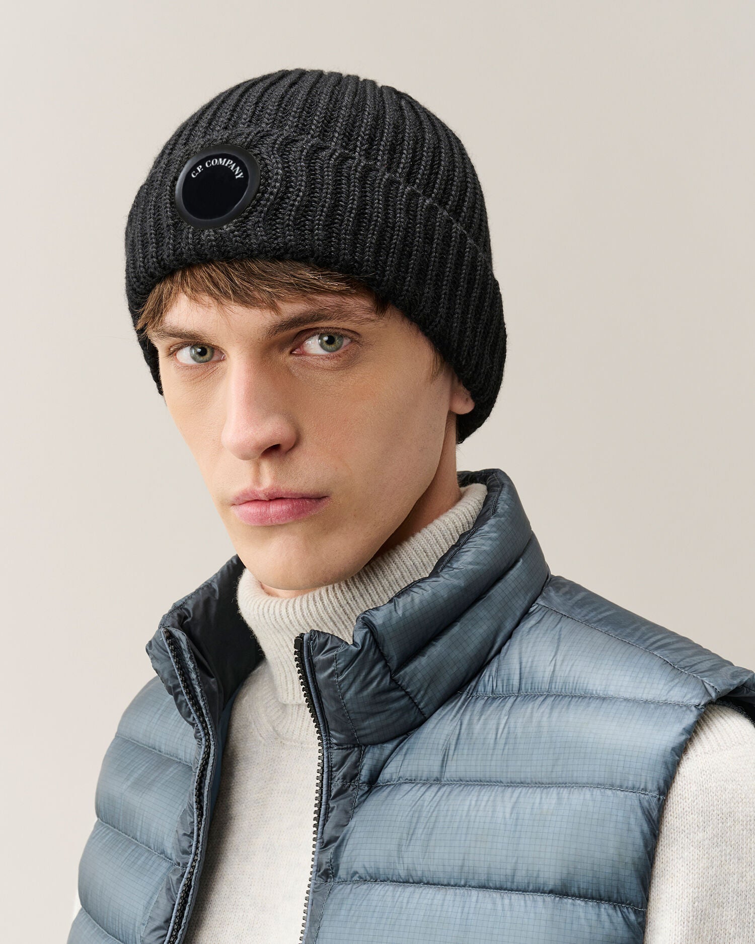 C.P. Company Extra Fine Merino Wool Lens Beanie in Black