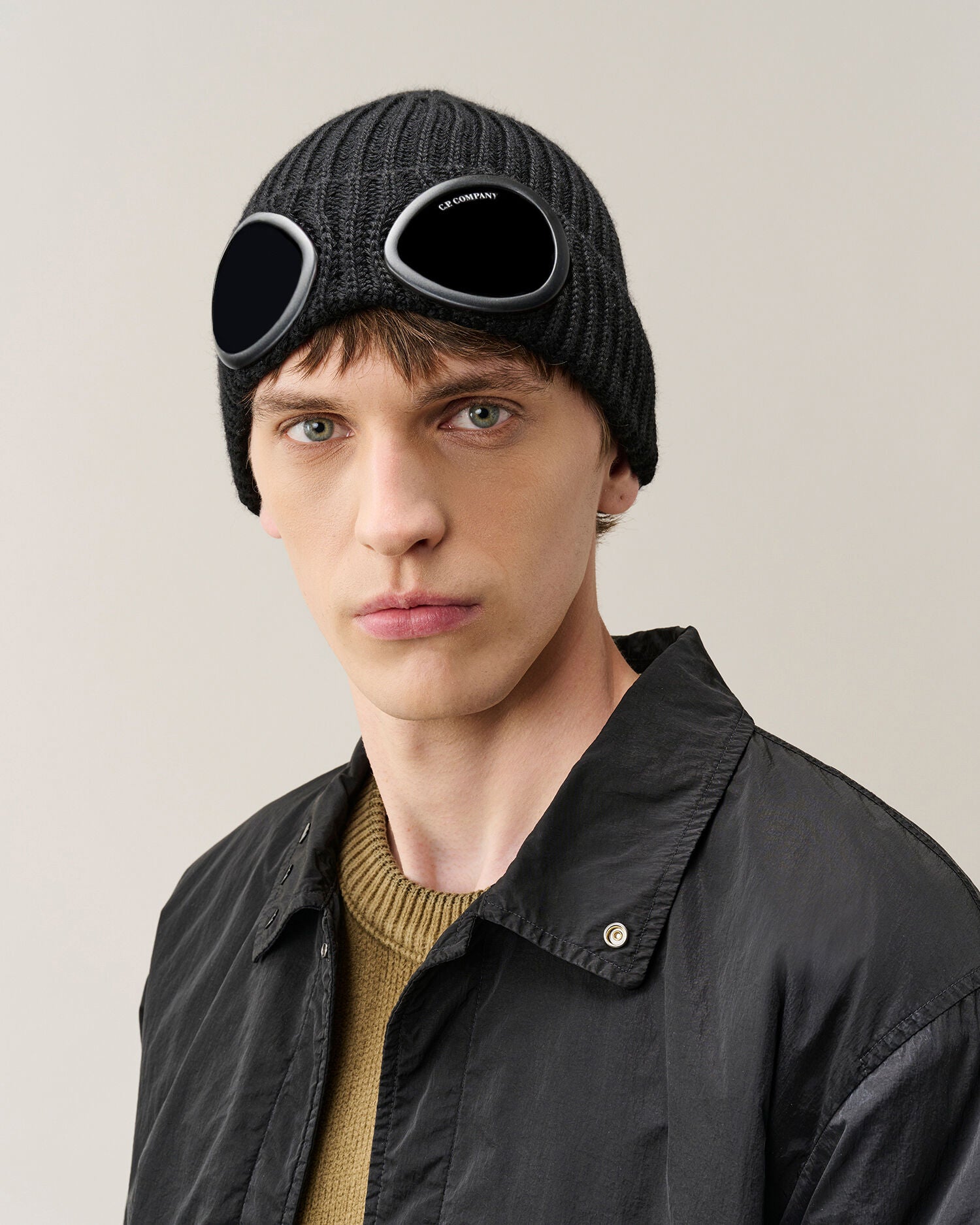 C.P. Company Extra Fine Merino Wool Goggle Beanie in Black