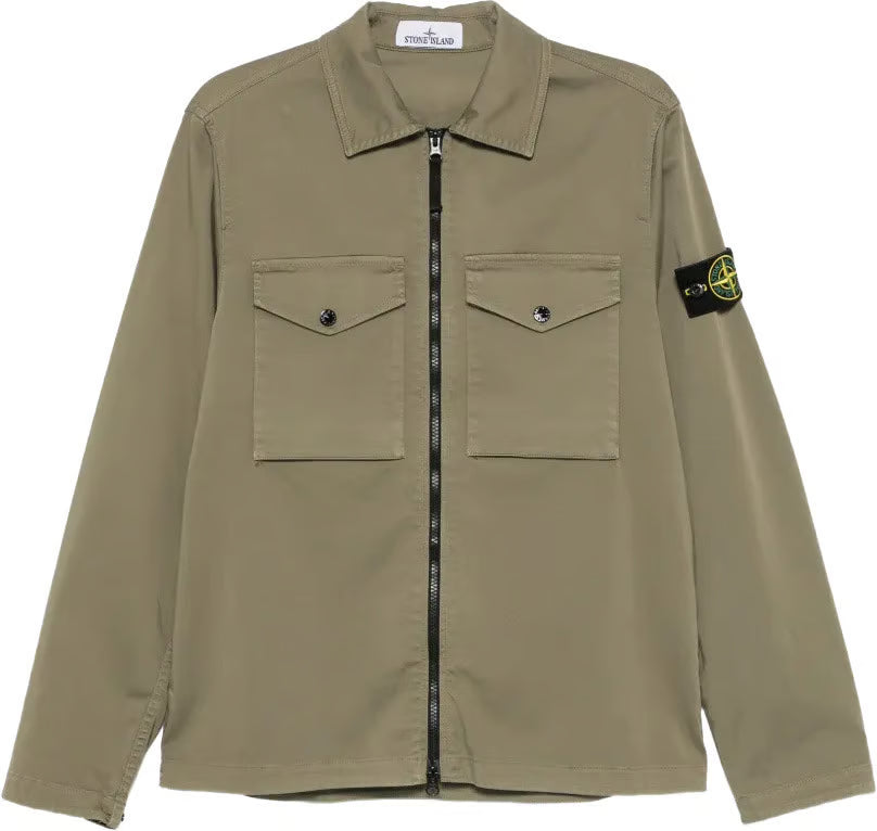 Stone Island Stretch Organic Cotton Satin Overshirt in Military Green