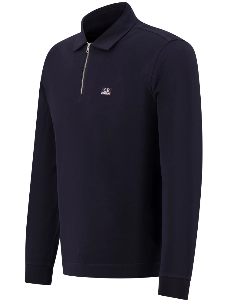 C.P. Company Stretch Piquet Long Sleeve Zip Polo in Navy