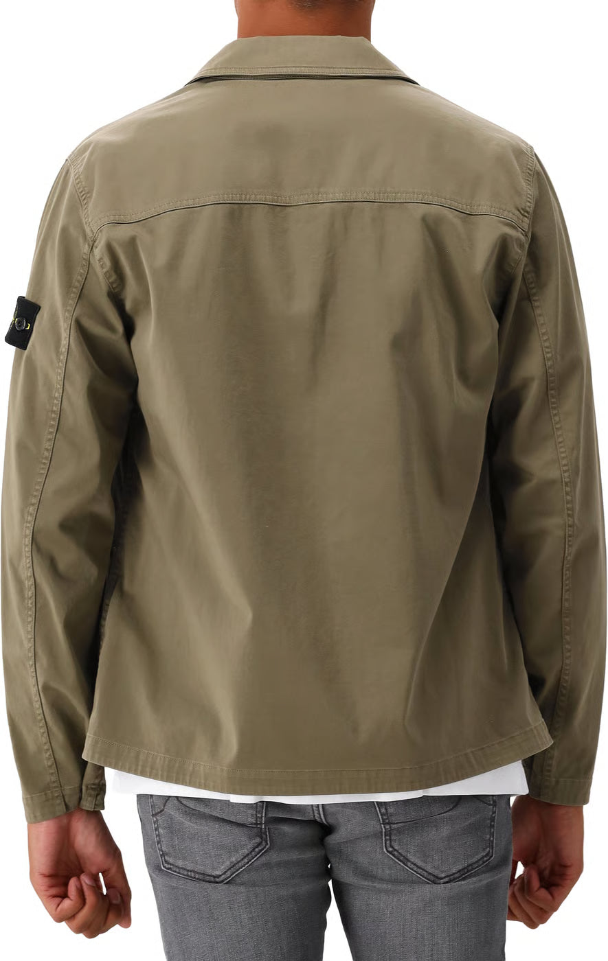 Stone Island Stretch Organic Cotton Satin Overshirt in Military Green