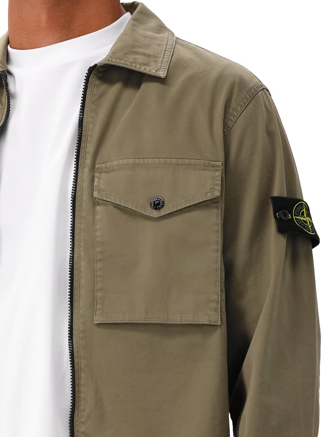 Stone Island Stretch Organic Cotton Satin Overshirt in Military Green