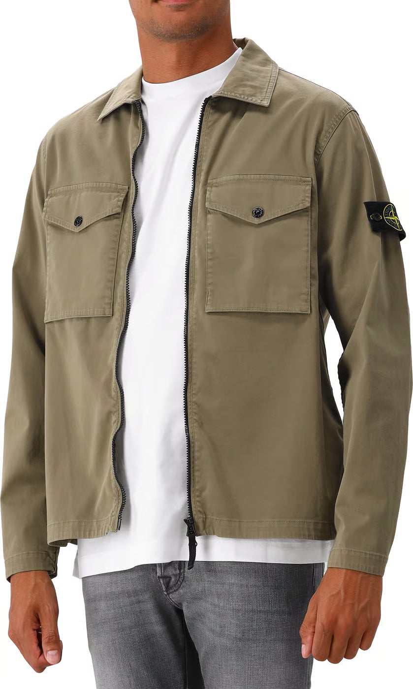 Stone Island Stretch Organic Cotton Satin Overshirt in Military Green